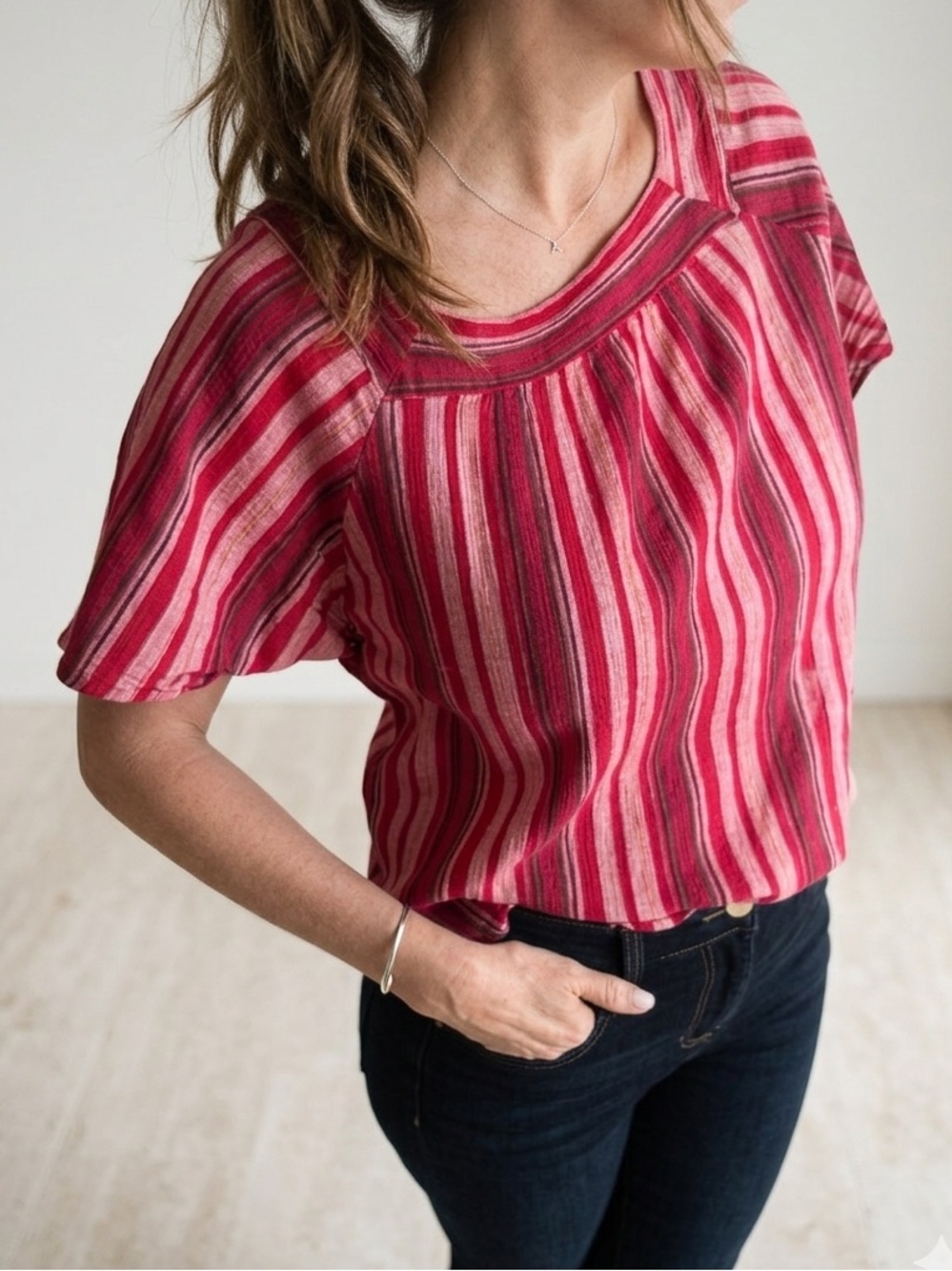 Universal Thread Red and Pink Striped Square-Neck Blouse